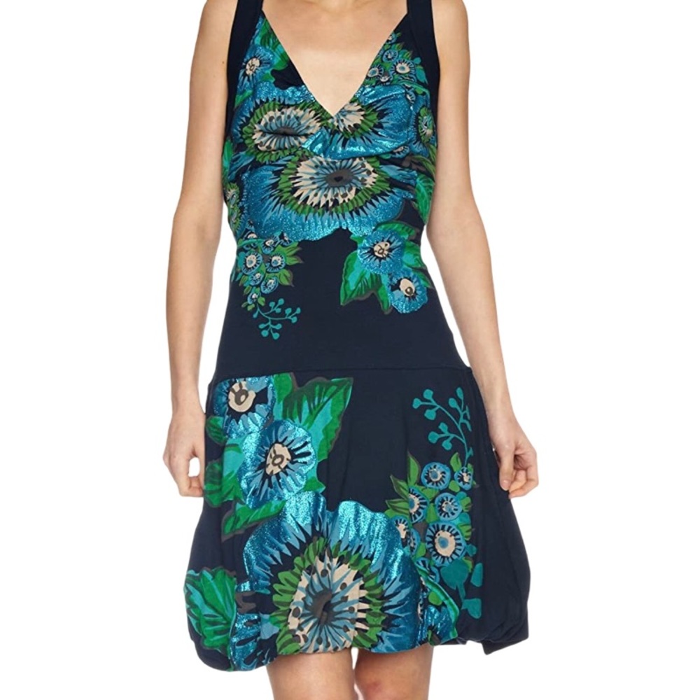 Women's Desigual Dress Sundress Summer Flowers V-Neck Blue Cotton Size S…